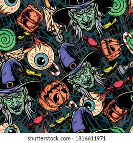 Colorful Halloween elements seamless pattern in vintage style with creepy witch heads human eyeballs candies scary pumpkins burning wax candles in candlesticks vector illustration