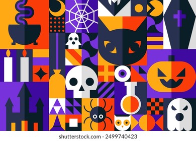 Colorful Halloween Geometric Bauhaus Background in Mosaic Block Style, Seamless Pattern for Backdrops, Greeting Cards, and Geometry-Ornamented Retro Modern Design