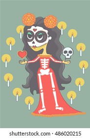 Colorful halloween girl in mexican day of death style. Vector cartoon of cute girl in sugar skull makeup.