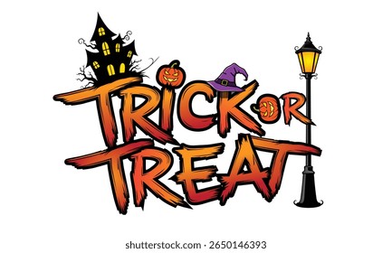 Colorful Halloween greeting featuring Trick or Treat message and spooky pumpkin