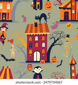 Colorful Halloween Haunted House Scene