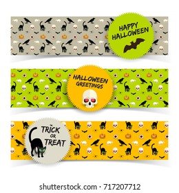 Colorful Halloween horizontal banners with stickers skull black cat raven bat pumpkin rat human eye vector illustration