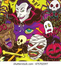 Colorful Halloween Horror Monsters Seamless Pattern