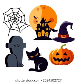 Coleção de ícones de Halloween colorido com casa assombrada, jack-o'-lantern, chapéu de bruxa, gato preto, teia de aranha e lápide. Perfeito para desenhos e decorações sazonais assustadoras.