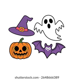 Colorful Halloween Icon Set Featuring Witch Hat, Ghost, Pumpkin, and Bat in Cute Cartoon Style for Seasonal Graphics, Stickers, and Decorations.