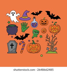 Colorful Halloween Icon Set with Pumpkins, Ghost, Witch Hat, Bats, Zombie Hands, Cauldron, Gravestone and Spooky Elements for Seasonal Design.
