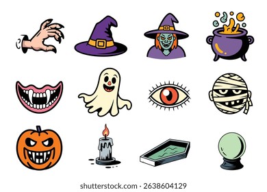 Colorful Halloween icon set with witch, ghost, pumpkin, and spooky vector elements.








