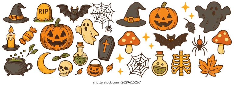 Colorful Halloween icons arranged in a playful pattern offering a cheerful take on spooky elements