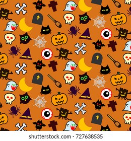 Colorful Halloween icons seamless pattern vector design concept on orange background