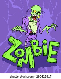 Colorful halloween illustration with the creepy funny cartoon walking zombie character