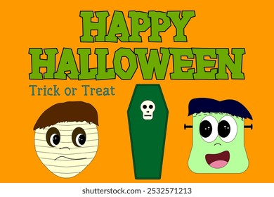 Colorful Halloween illustration featuring cartoon characters like a mummy, Frankenstein, and a coffin with playful text.