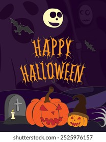 Ilustração colorida de Halloween com jack-o'-lanternas, morcegos, uma figura fantasmagórica e texto de "Feliz Halloween" para uma vibração festiva e misteriosa.
