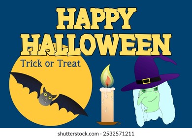 Colorful Halloween illustration featuring a witch, bat, and candle. Perfect for festive designs, posters, cards, and decorations.