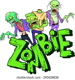 Colorful halloween illustration with the scary and funny walking zombie characters