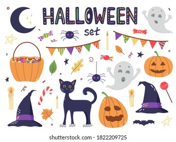 Colorful Halloween illustrations set. Hand drawn cute illustrations collection isolated on white.
