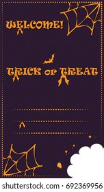 Colorful Halloween Invitation in Cartoon Style with bitten corner.
Cute orange bats and spiderweb on dark violet background with grain texture.
Welcome! Trick or treat