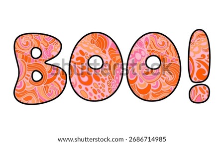 Colorful “BOO” Halloween Lettering with Abstract Pattern Bright and playful vector lettering design featuring the word “BOO” in bold black outline filled with an abstract pink and orange pattern. 