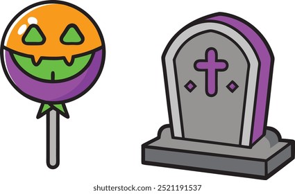 Bunte Halloween Lollipop und Tombstone Icon Set