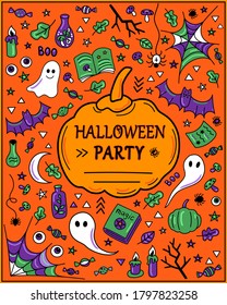 Colorful Halloween party invitation. Hand drawn doodle style. Place for text. Vector Halloween pattern with pumpkins, ghosts, spider web, bats. Bright funny drawings on an orange background.