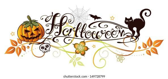 Colorful Halloween Party Logo with leaves, bat, black cat and pumpkin.