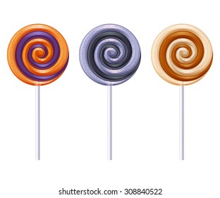 Colorful Halloween party round spiral candies lollipops set. Vector illustration.