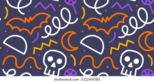 Colorful halloween party seamless pattern. Funny cartoon line doodle background illustration of scary autumn celebration decoration and childish shapes.	