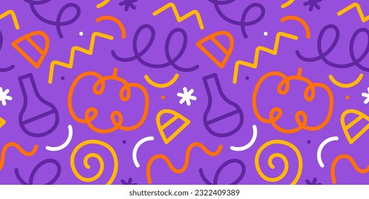 Colorful halloween party seamless pattern. Funny cartoon line doodle background illustration of scary autumn celebration decoration and childish shapes.	