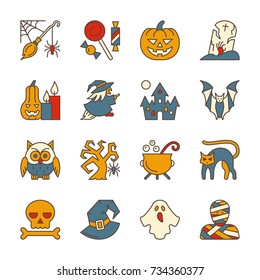 Colorful Halloween party symbol icon set. Flat style sign design collection. Color web, card, party, tag, print, logo, banner concept. Isolated on white vector illustration with witch, pumpkin, candy