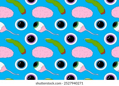 Colorful Halloween pattern featuring brains, eyeballs, and creepy fingers. Perfect for holiday designs, party decor, or textiles.