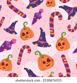 Farbiges Halloween-Muster mit Kürbissen, Hüten und Bonbons Vektor
