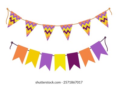 Colorful Halloween Pennant garland on string in trendy festive shades. Greeting design elements idea