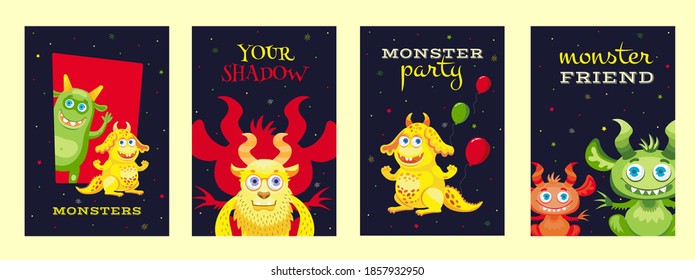 Colorful Halloween posters design with cute monsters. Dark background and colorful funny mascots. Celebration and monster party concept. Template for promotional leaflet or flyer