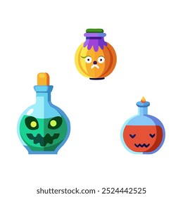 Colorful Halloween Potion Bottles with Jack-o'-Lantern Faces.