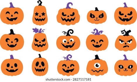 A colorful Halloween pumpkin bundle set collection on white background featuring various carved jack-o'-lantern faces with unique expressions, perfect for seasonal autumn decorations, party invitations, and festive graphic designs.