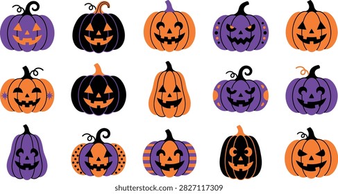 A colorful Halloween pumpkin bundle set collection on white background featuring various spooky jack-o'-lantern designs in orange, black, and purple colors, perfect for festive holiday decorations and seasonal graphics.