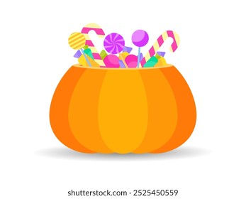 Colorido contenedor de dulces de calabaza de Halloween con piruletas y dulces. Calabaza llena hasta el borde con dulces, caramelos y piruletas. Ilustración festiva para Halloween. Ilustración vectorial