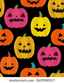 colorful halloween pumpkin pattern on black background with scary jack o lantern faces, seamless spooky design for textile, wrapping, party and decoration