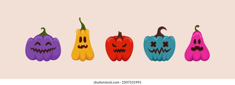 Colorful Halloween pumpkin set. Spooky jack o lantern collection, vector elements.