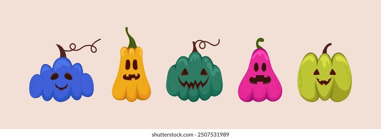 Colorful Halloween pumpkin set. Vector jack o lantern collection for halloween decoration.