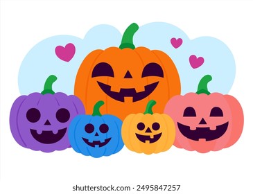 Colorful Halloween pumpkins with smiling faces and hearts, perfect for festive fall decorations, party invitations, and seasonal designs. Vector illustration of cute, happy jack-o'-lanterns.