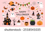 A colorful Halloween scene with a variety of spooky and festive elements. The image is a collage of Halloween-themed items, including pumpkins, skeletons, bats, and witches