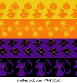 Colorful halloween seamless borders set vector with pumpkin cat bat and spider