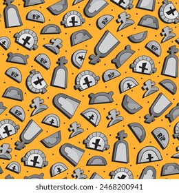 Colorful halloween seamless pattern with graveyard tombstone on orange background for print or textile for kids