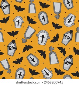 Bunte Halloween nahtlose Muster mit Friedhof Grabstein mit Fledermaus auf orangefarbenem Hintergrund für Druck oder Textil