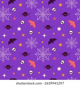 Colorful Halloween seamless pattern with spiders, bats, skulls, and webs on purple background, ideal for festive decorations and seasonal projects, enhancing creative designs. Vector art