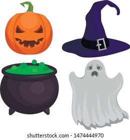 Colorful halloween set contains pumpkin witch's hat pot ghost