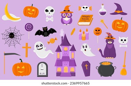 Colorful Halloween set with ghosts, pumpkins, haunted house, witch hats, cauldron, bats, skulls, and more on a purple background. Perfect for festive designs and decorations