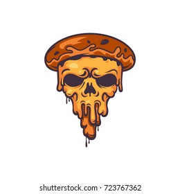 Colorful Halloween sticker style illustration with scary pizza skull illusion isolated on white background.