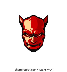 Colorful Halloween sticker style illustration with devil head isolated on white background.