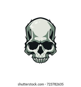 Colorful Halloween sticker style illustration with scary realistic skull isolated on white background.